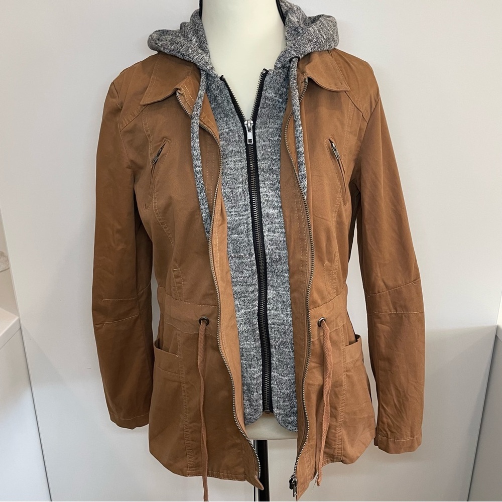 Layered Tan Utility Jacket with Gray Hoodie - Picture 2 of 9
